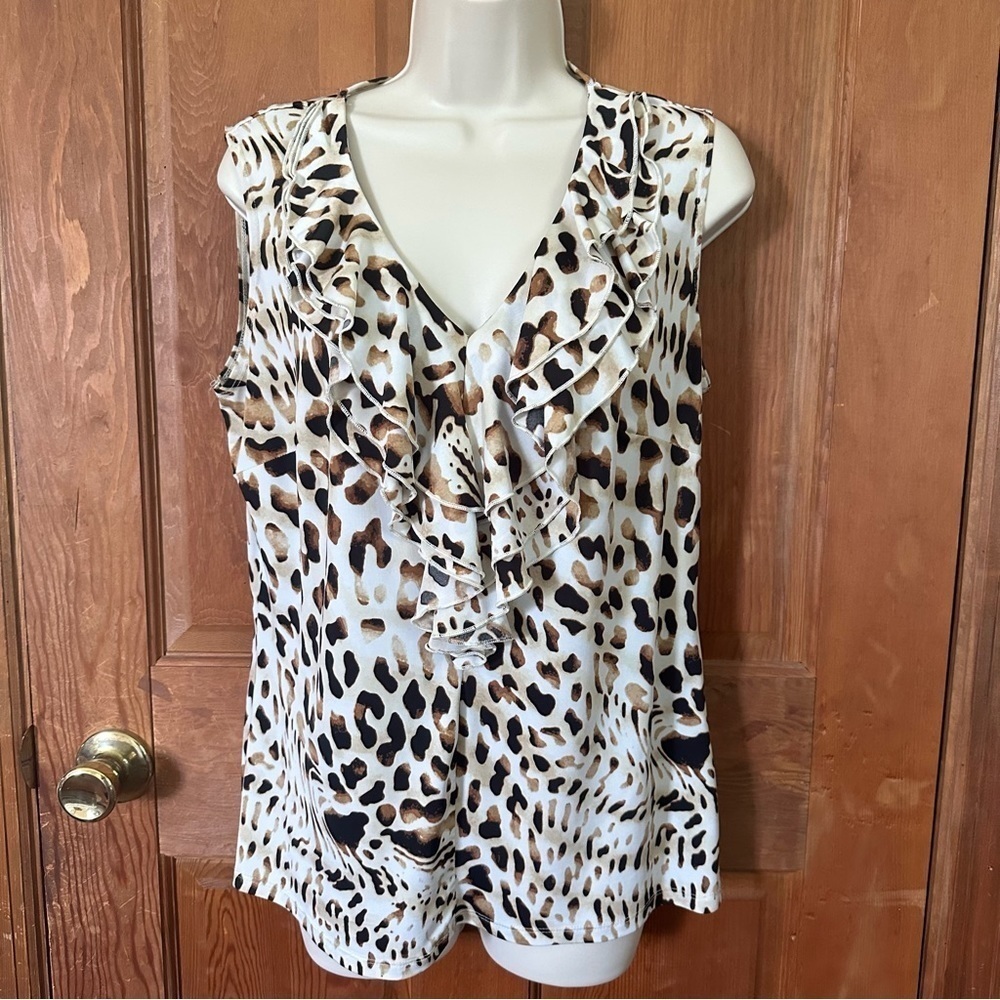 Milano Animal Print Ruffle Neck Sleeveless Blouse Size Large